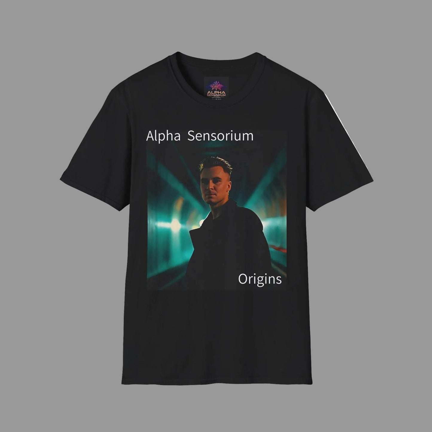 Black t-shirt with 'Alpha Sensorium Origins' design on a white background